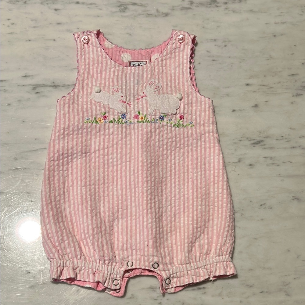 Vintage Pink Striped Baby Romper with Embroidery - Reversible